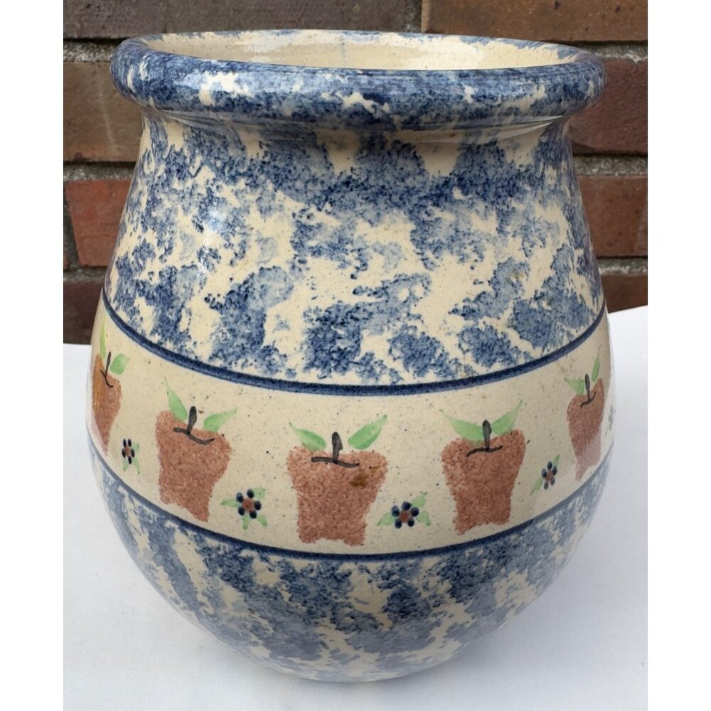 Blue Spongeware Stoneware Utensil  Holder Apple Core Farmhouse Country Kitchen
